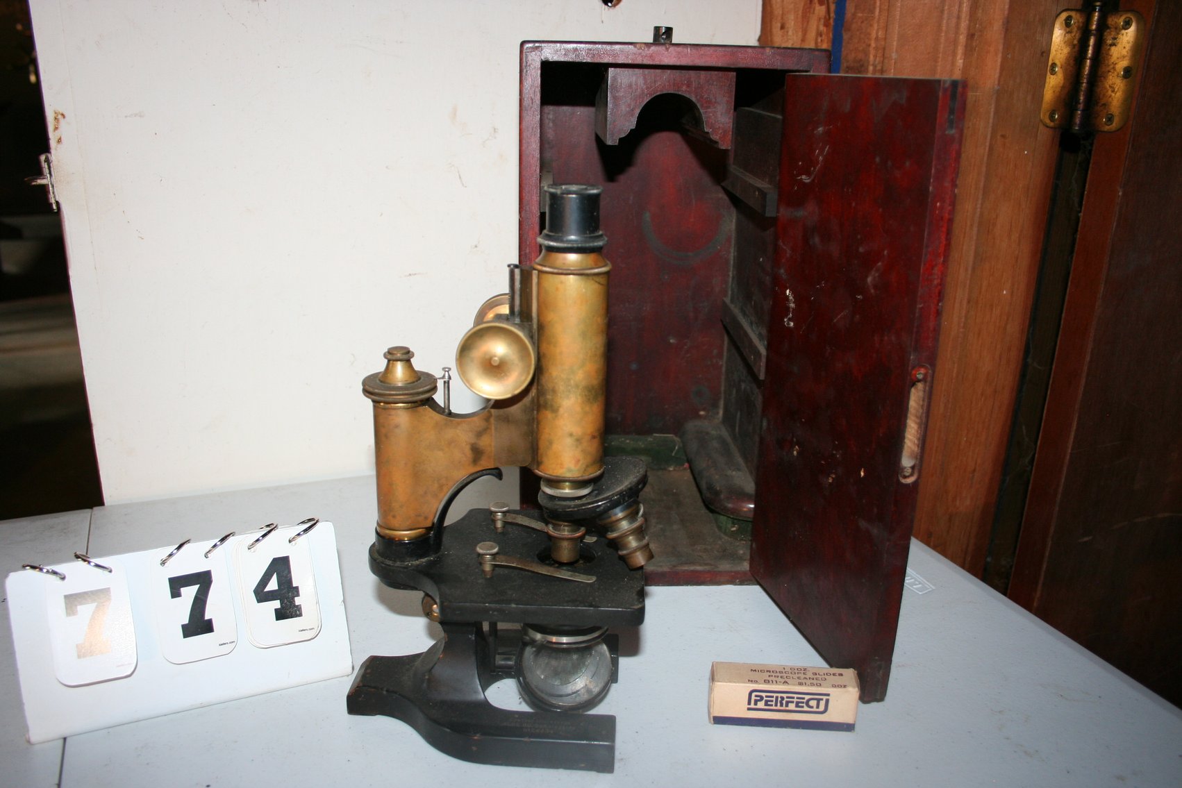 Image for Antique Spencer Brass Microscope & Original Wood Case