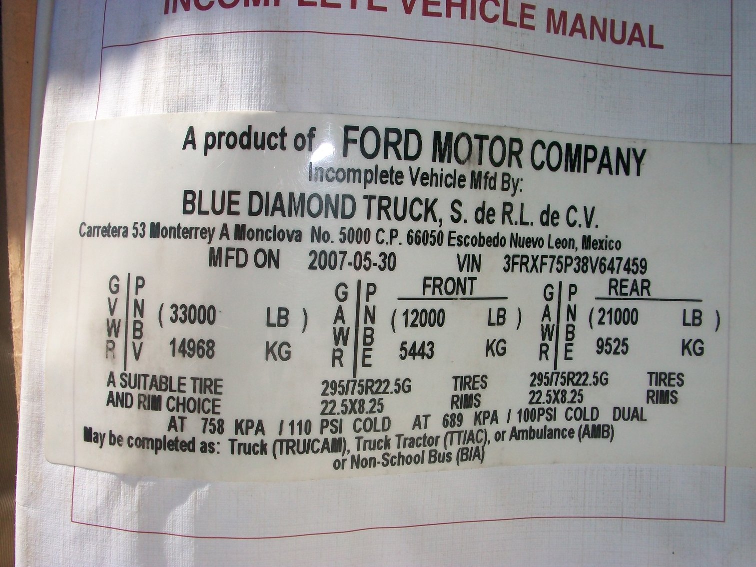 Image for 2008 Blue Diamond Ford F-750 Dump Truck.