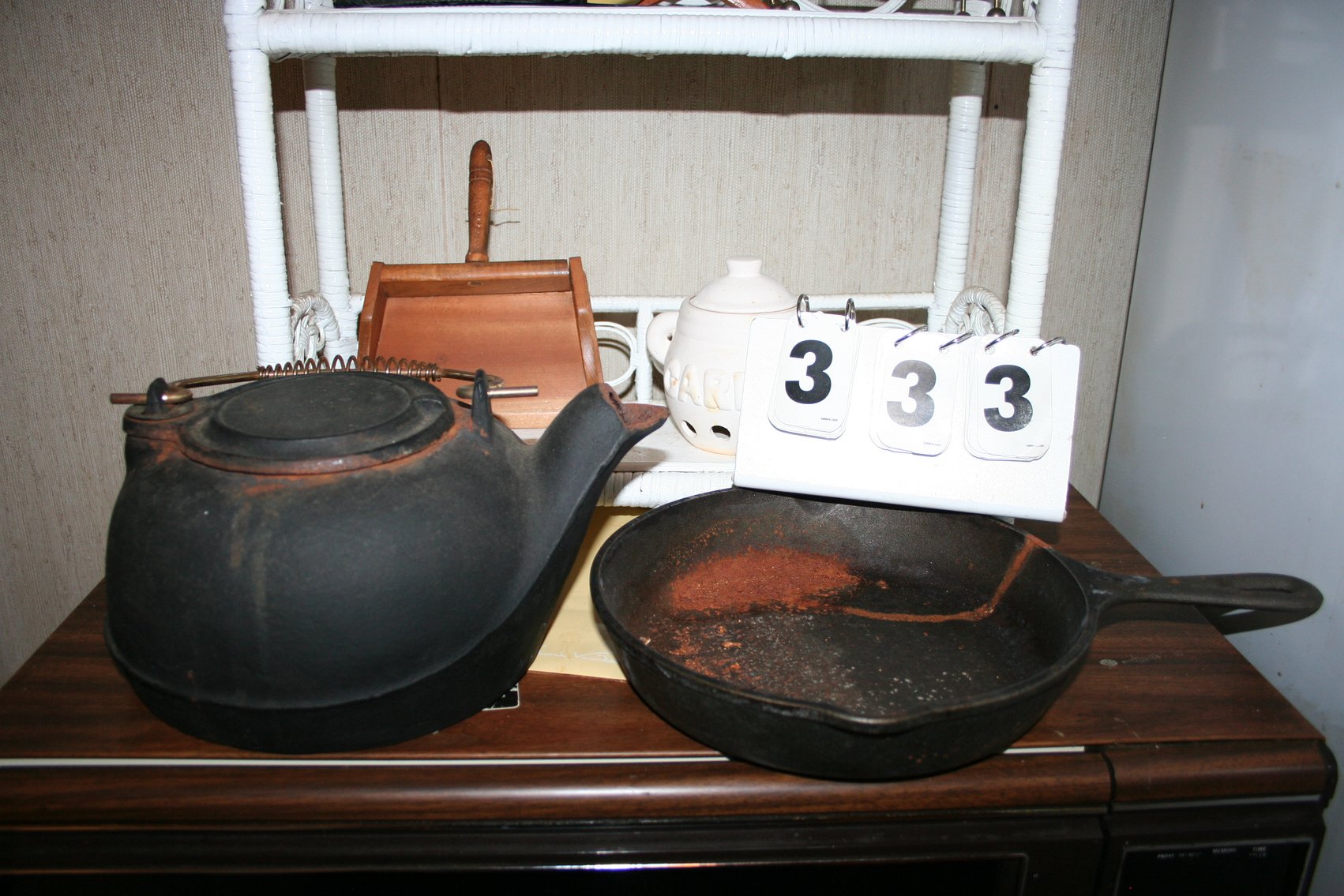 Image for Microwave (working) stand, misc items, cast iron