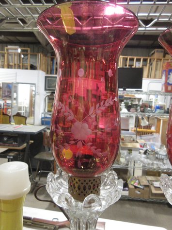 Image for Pair of electric dresser lamps with cranberry shades