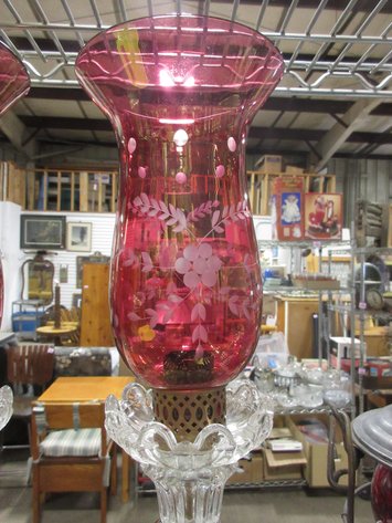 Image for Pair of electric dresser lamps with cranberry shades