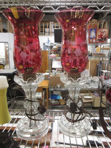 Image for Pair of electric dresser lamps with cranberry shades