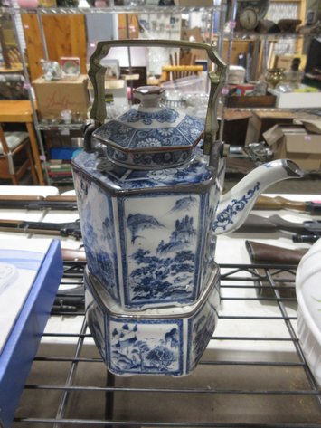 Image for Blue Transfer Ware porcelain teapot with warmer and (6) cups