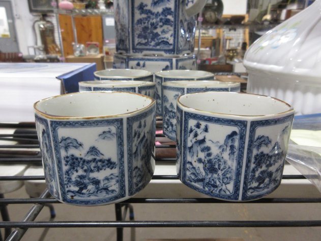 Image for Blue Transfer Ware porcelain teapot with warmer and (6) cups