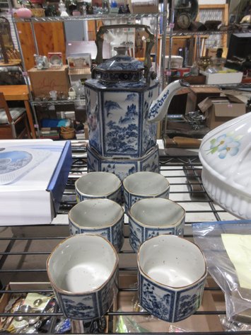 Image for Blue Transfer Ware porcelain teapot with warmer and (6) cups