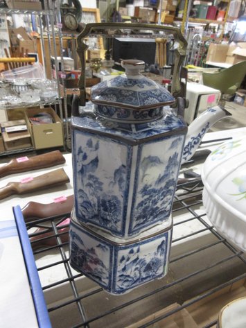 Image for Blue Transfer Ware porcelain teapot with warmer and (6) cups