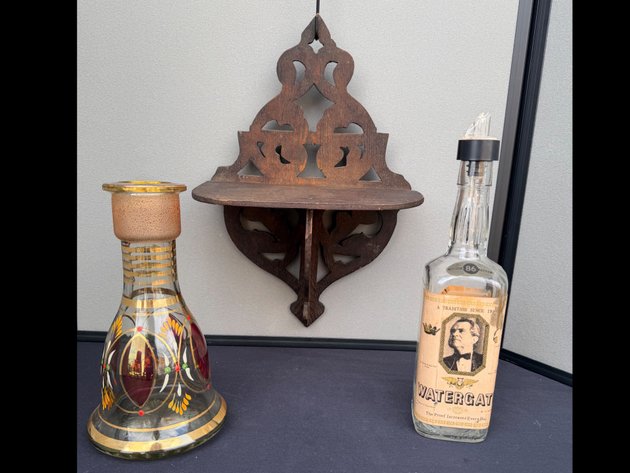 Image for Antique Wall Shelf, Decorative Glass Vase and Bottle