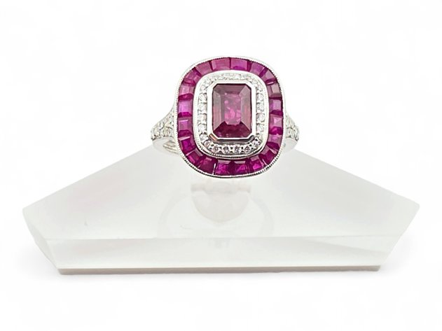 3.17 ctw Ruby Halo Statement Ring in .950 Platinum - Size 6.75