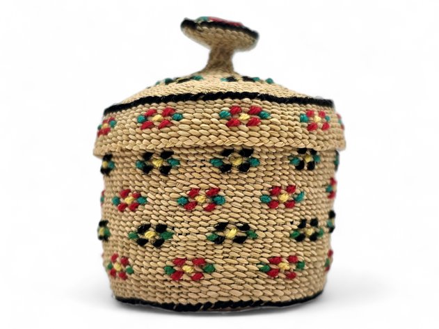 Diminutive Aleut Twined Grass Basket w/ Floral Design