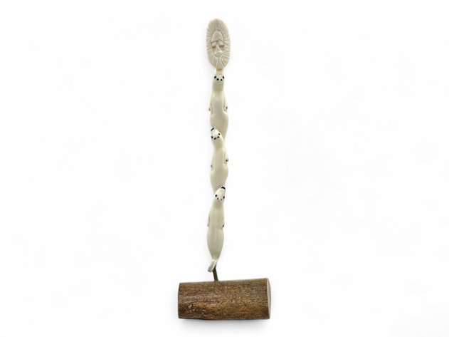 Large Walrus Tusk Totemic Sculpture w/ Seal Motif