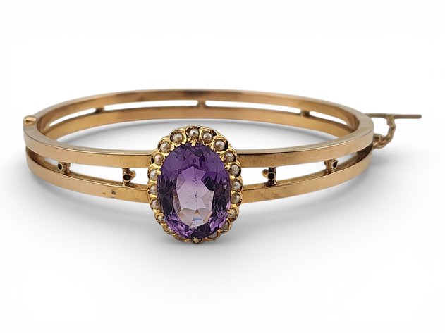 Antique 18k Yellow Gold Amethyst & Seed Pearl Hinged Bangle Bracelet