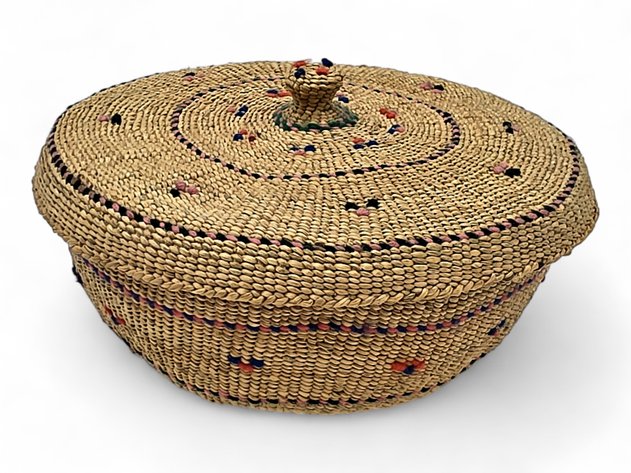 Large Aleut Twined Grass Basket w/ Floral Design