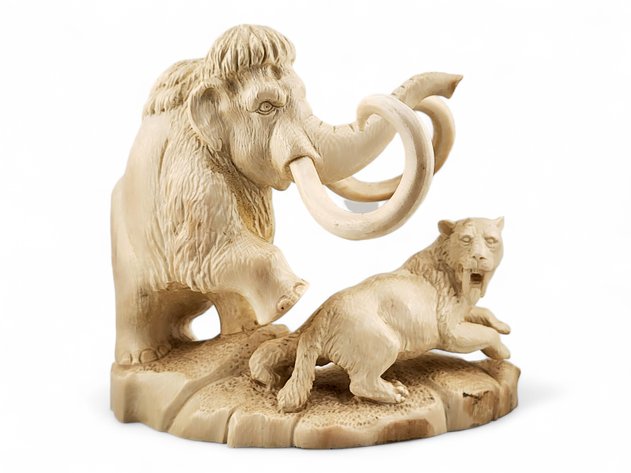 Mammoth Tusk Woolly Mammoth & Saber Toothed-Tiger Sculpture - Nikolay Vladimirovich Pokhilyuk