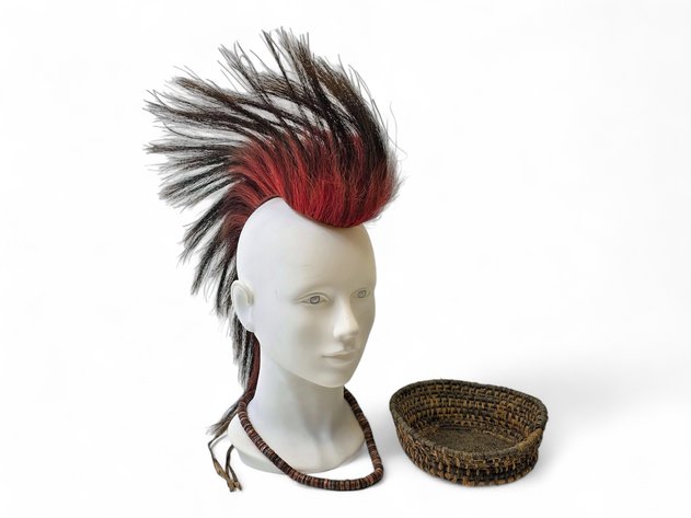 Beaded Necklace, Native American Headdress & Coiled Grass Basket