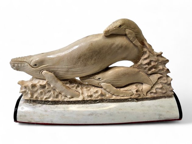 Whale Bone Humpback Whale Pod w/ Baleen-Capped Oosik Base