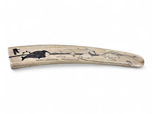 Walrus Tusk w/ Scrimshaw Arctic Scene - Gene Angnaboogok