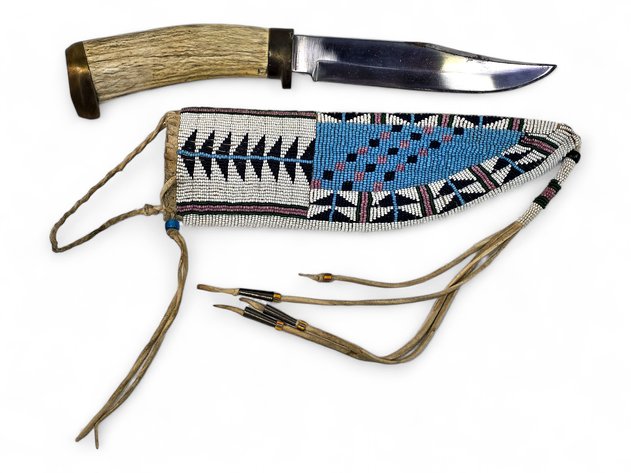 Clip-Point Knife w/ Antler Handle & Beaded Hide Sheath