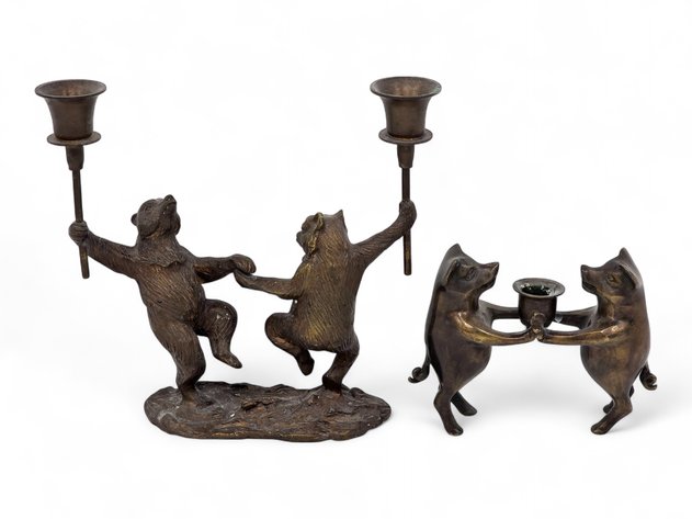 Brass Dancing Bear & Pig Candlestick Holders