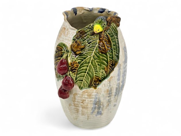 Glazed Ceramic Vase w/ Bird & Frog Adornments