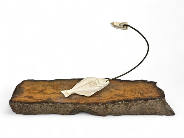 Walrus Ivory Halibut w/ Fishing Vessel on Wood Base