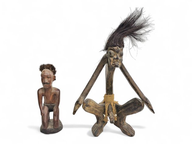 Well-Endowed Wood Ethiopian Male Figure w/ Kneeling Man on Base