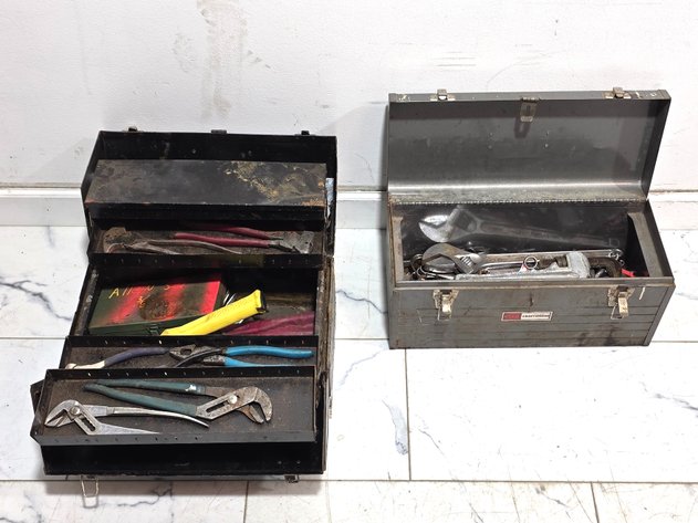Tools Boxes w/ Wrenches, Hammers, Allen Socket Set, Auger Bits & More