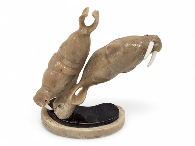 Soapstone, Ivory & Baleen Walruses Carving - Chris Aningayou