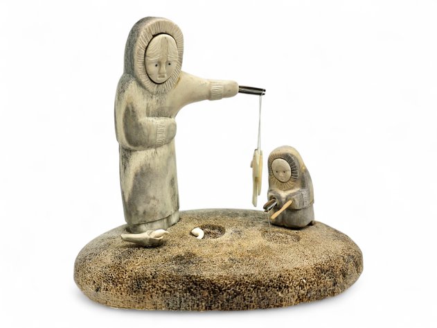 Whale Bone & Walrus Ivory Ice Hole Fishing Diorama w/ Epiphyseal Disc Base