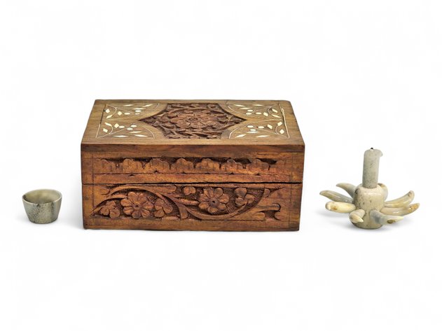 Ivory, Otter Tooth Candlestick Holder, Carved Antler Vessel & Wooden Trinket Box
