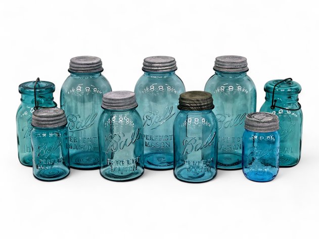 9x Blue Glass Ball Jars