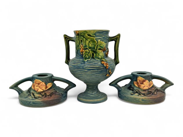 Roseville Bushberry Vase & Magnolia Blue Candlesticks