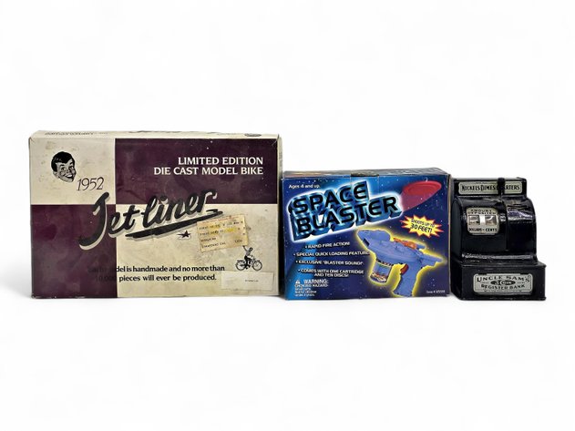 Jet Liner Die-Cast Bike, Uncle Sam's 3-Coin Bank, & Space Blaster Shooter Toy Gun