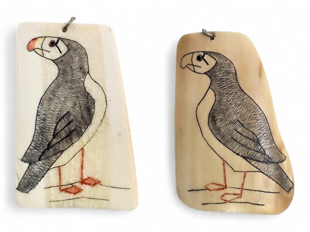 Walrus Ivory Polychrome Puffin Scrimshaw Pendants - Joseph Mayac