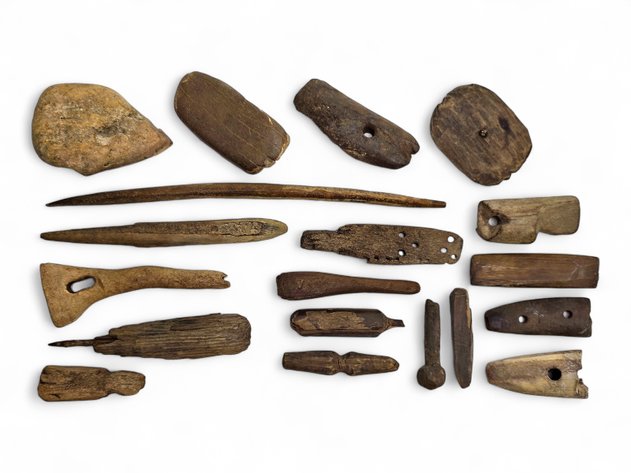 Eskimo Artifacts: Drag Handle, Sewing Tools, etc.