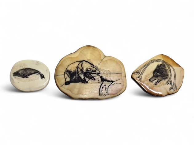 Walrus Tusk Slices w/ Scrimshaw - Fred Mayac & Others
