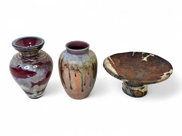 Glass Begonia Vase, Ceramic Drip-Glaze Vase & Pedestal Bowl