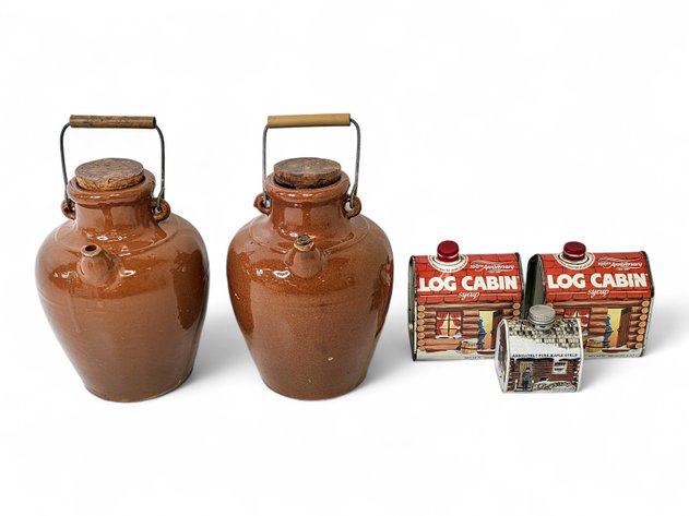 Vintage Stoneware Jugs & Log Cabin Syrup Tins