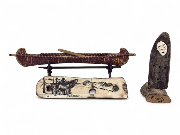 Fossilized Sled Runner Artifact, Figure & Birch Bark Canoe Model