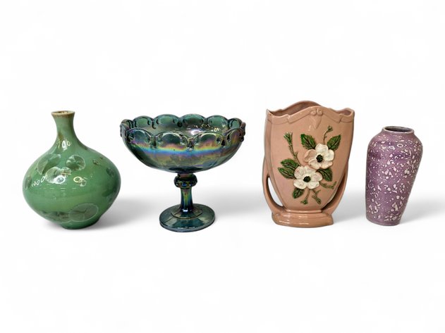 Indiana Glass Garland Blue Carnival Compote Bowl, Hull Rosella Pottery Vase & More