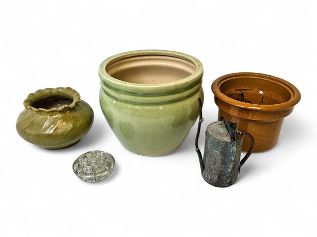 Dumpling, Green & Brown Planter Pots, Flower Frog & Watering Can