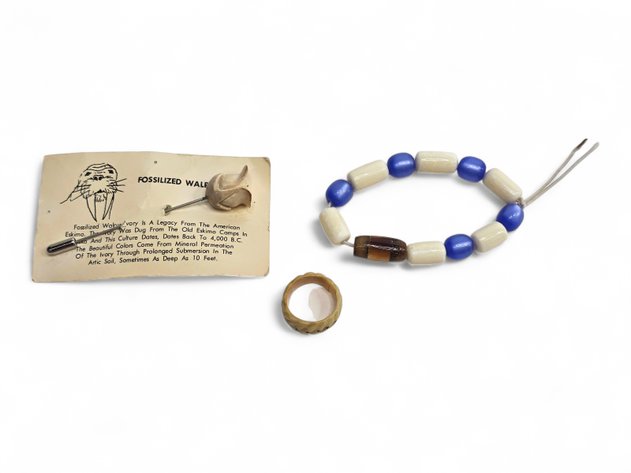 Walrus Ivory Ring, Rose Stick Pin & Beaded Bracelet