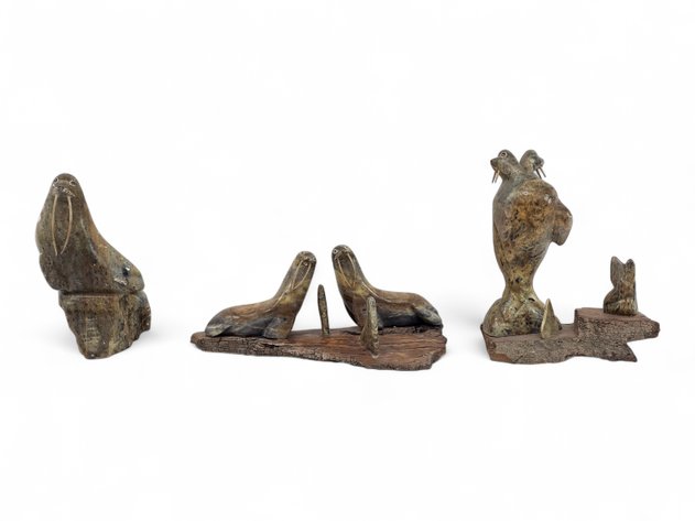 Soapstone Walrus Sculptures w/ Walrus Whiskers - Tim Lisbourne