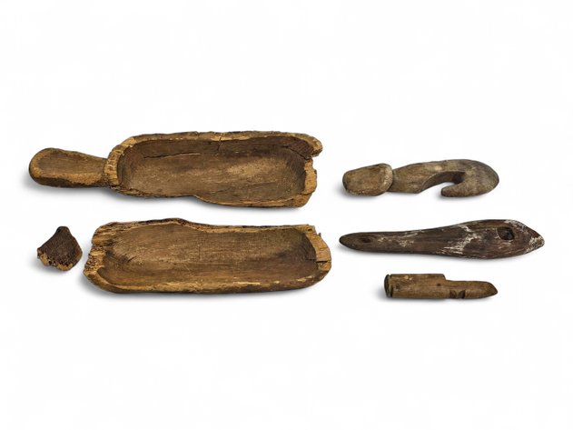 Eskimo Artifacts: Wooden Scoops, Boat Hook, etc.