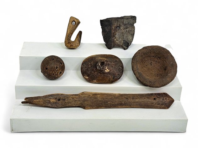 Eskimo Artifacts: Spindle Whorls, Boat Hook, Bowl, Etc.