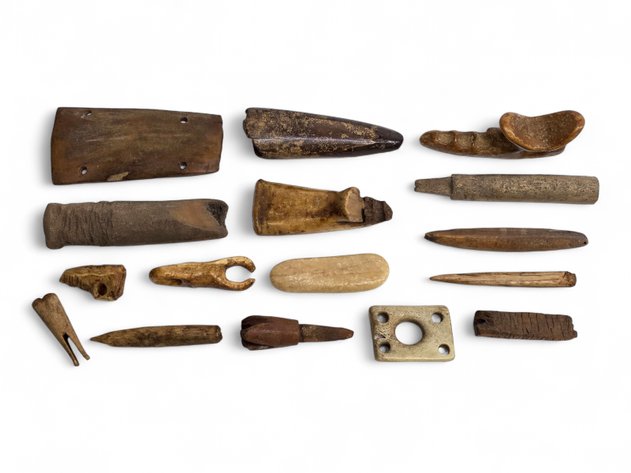 16x Walrus Ivory & Bone Artifacts - Tool w/ Finger Grooves & More