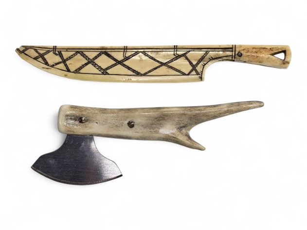 Walrus Ivory Letter Opener & Hatchet w/ Antler Handle