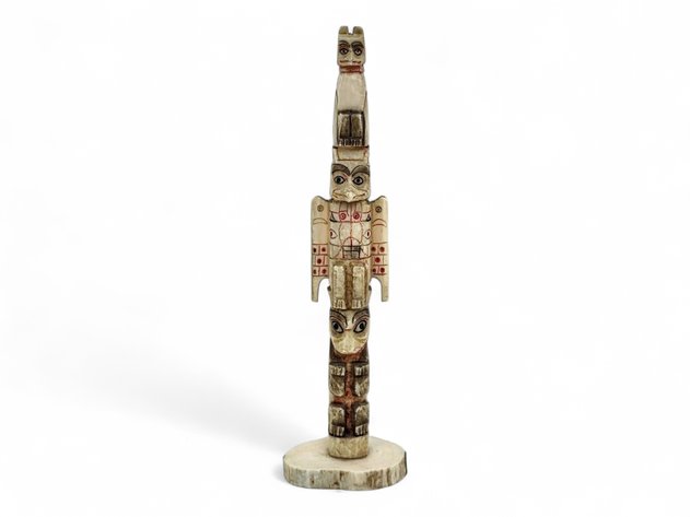 Walrus Ivory Totem Pole w/ Polychrome Formline Scrimshaw