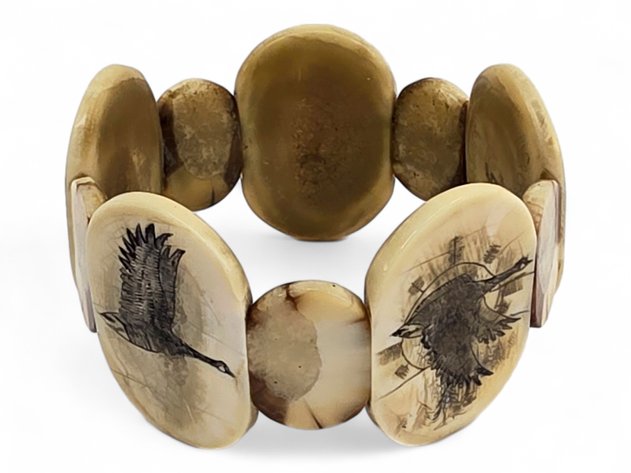 Walrus Ivory Panel Bracelet w/ Alaska Waterfowl Scrimshaw - Gene Angnaboogok