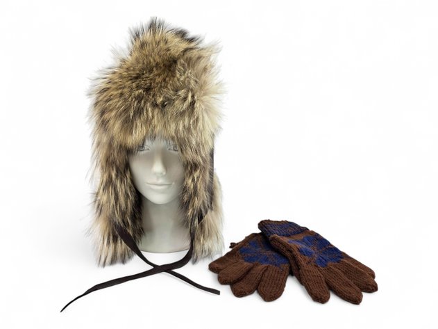Coyote Fur & Leather Trappers Hat & Knit Gloves