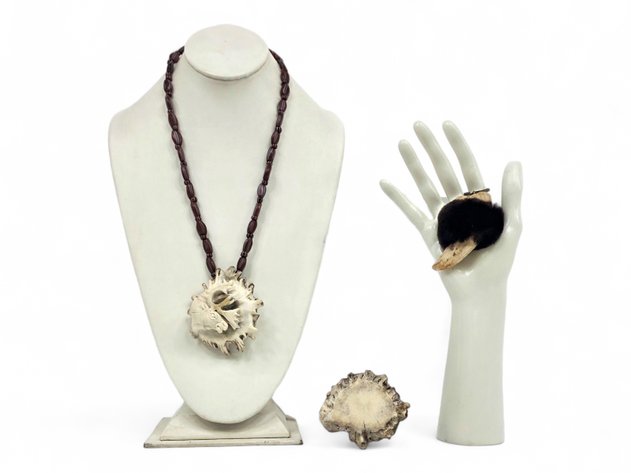 Antler Burr Pendant Necklace & Belt Buckle w/ Tusk & Fur Keychain